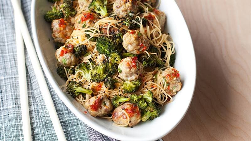 Sweet And Spicy Asian Meatball And Broccoli Noodles